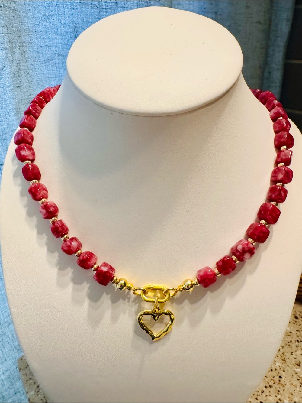 Pink Beaded Necklace with Gold Heart Pendant